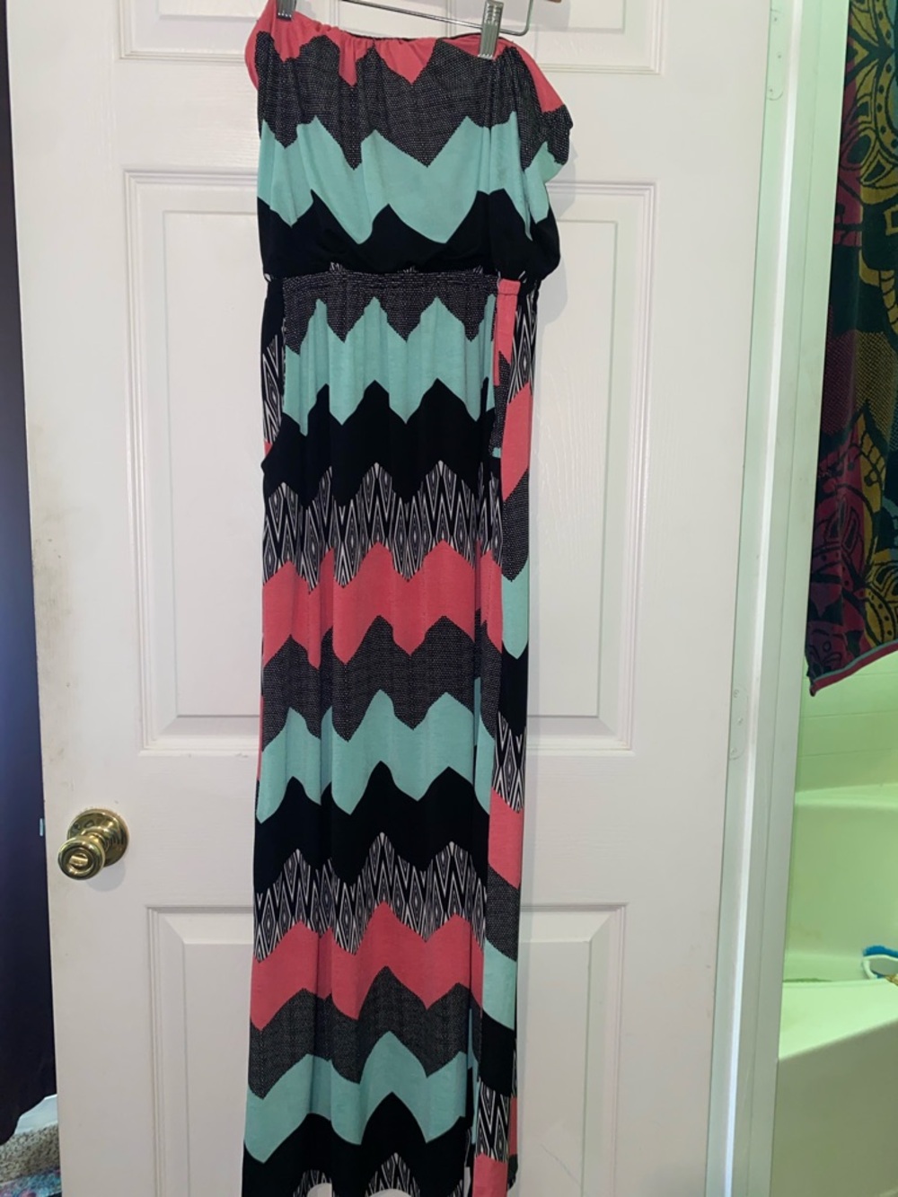 Three Hearts Strapless Chevron Maxi Dress in Coral, Mint & Black